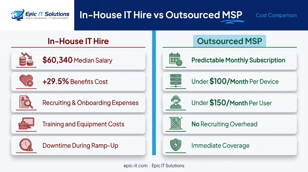 In-house IT hire versus outsourced MSP help desk cost comparison chart