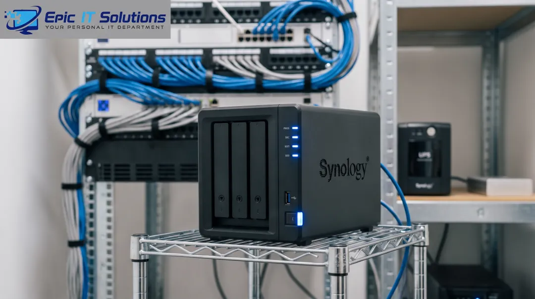 Rack mounted NAS storage device with multiple drive bays in office