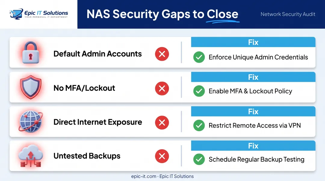 NAS security checklist showing common misconfiguration gaps and fixes