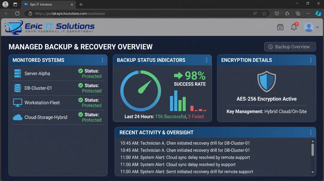 Epic IT Solutions managed backup dashboard with encryption monitoring