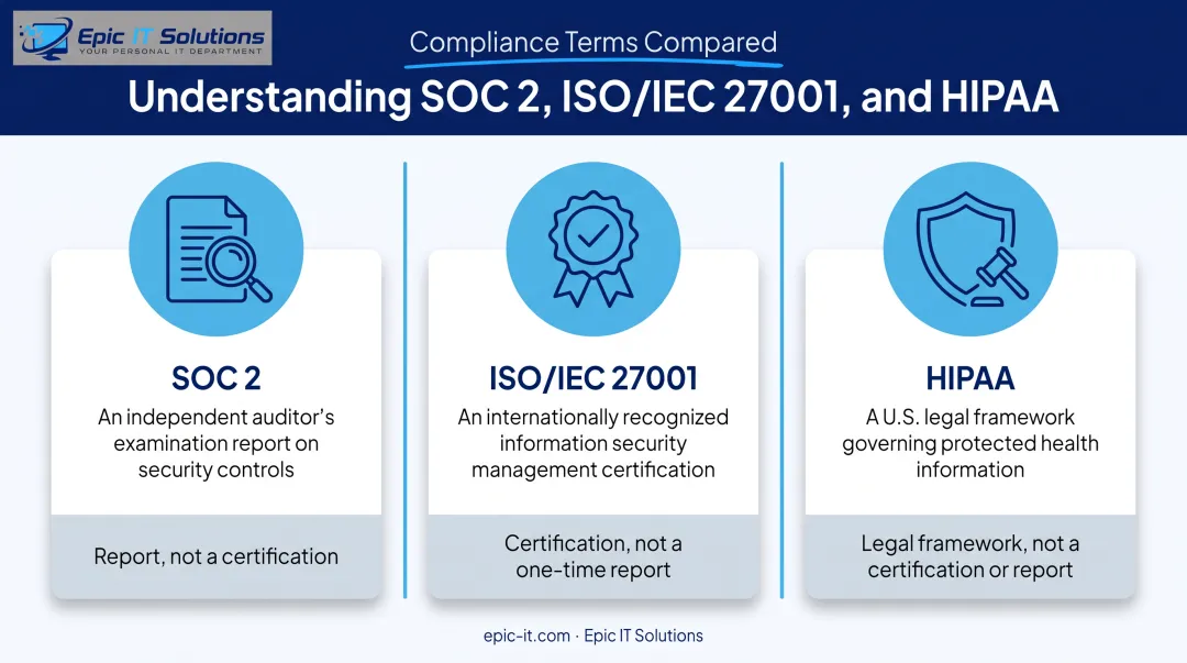 SOC 2 versus ISO 27001 versus HIPAA compliance terminology comparison