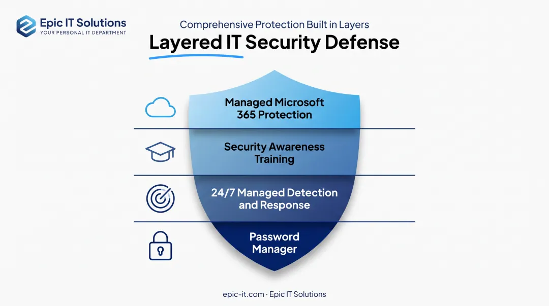Layered IT security defense combining password management detection and training