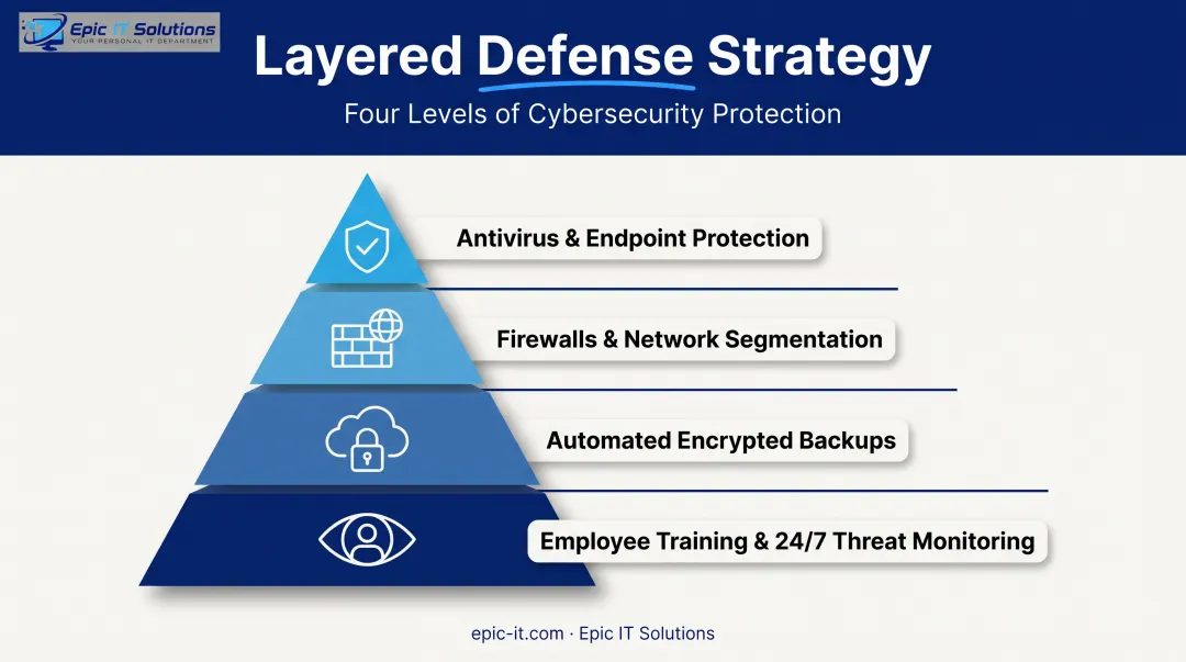 Layered cybersecurity defense stack for small businesses diagram