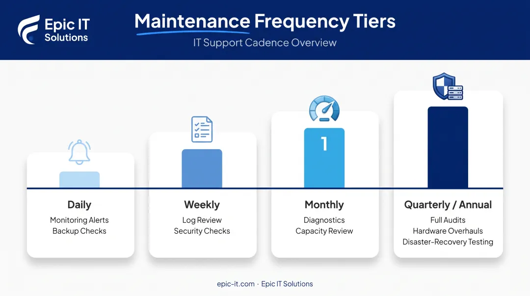 Server maintenance frequency schedule from daily monitoring to annual audits