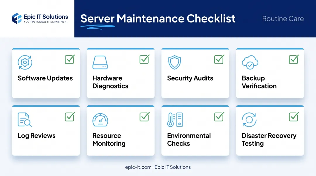 Server maintenance checklist covering updates diagnostics security and backups