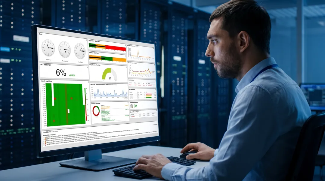 IT technician monitoring server warning signs on diagnostic dashboard screen