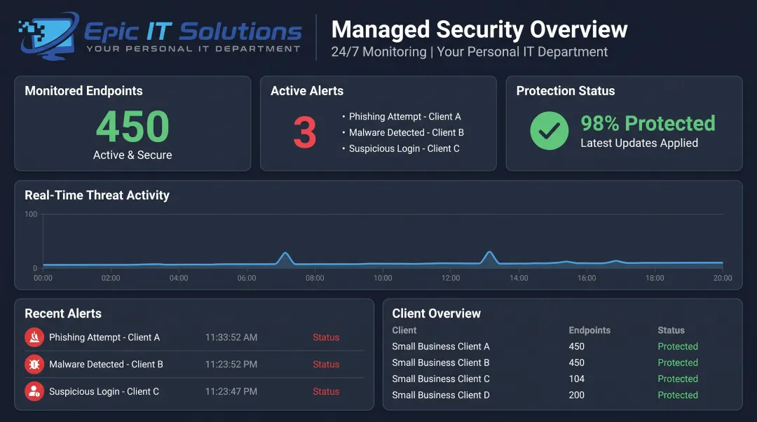 Epic IT Solutions managed security services dashboard for small business clients