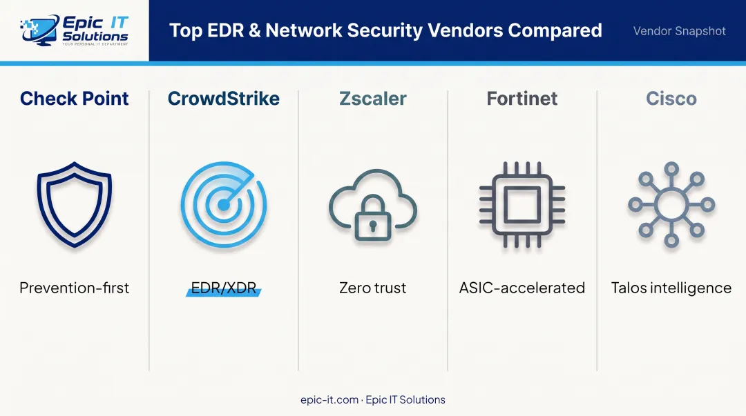 Comparison of five leading enterprise cybersecurity vendors and core strengths