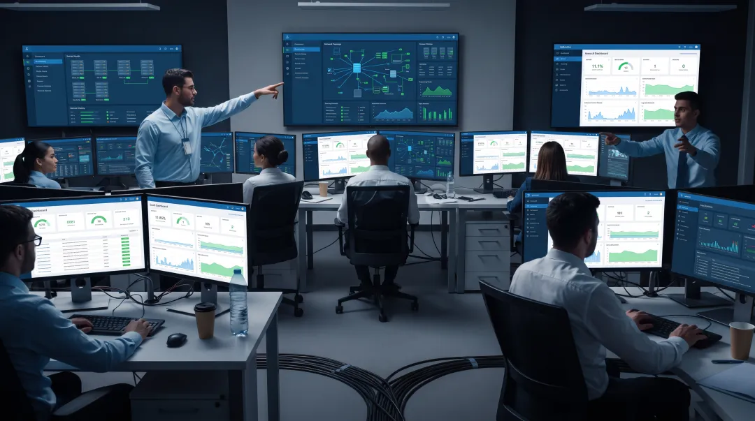 IT specialist team reviewing network security monitoring dashboard together