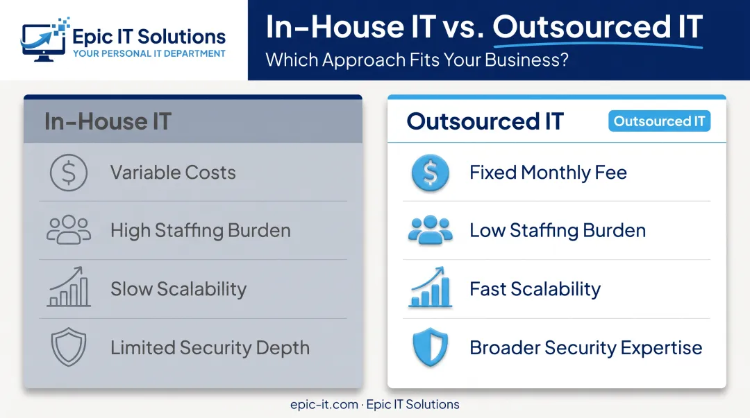 In-house versus outsourced IT infrastructure comparison across cost staffing and scalability