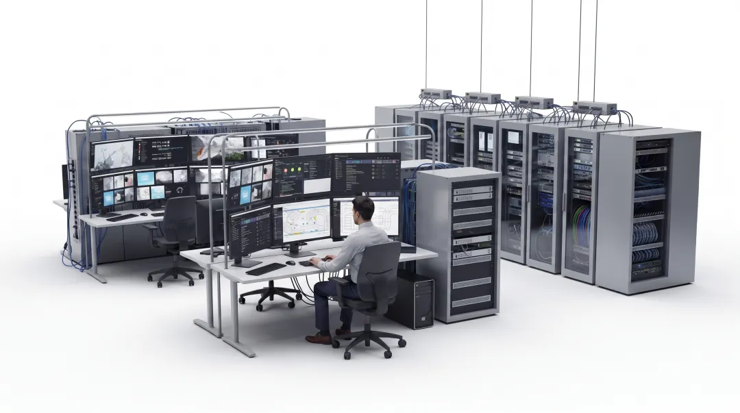 IT support technician monitoring network servers on multiple screens