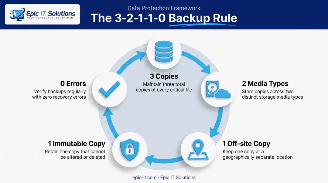 3-2-1-1-0 backup rule diagram showing five ransomware-resilient recovery elements