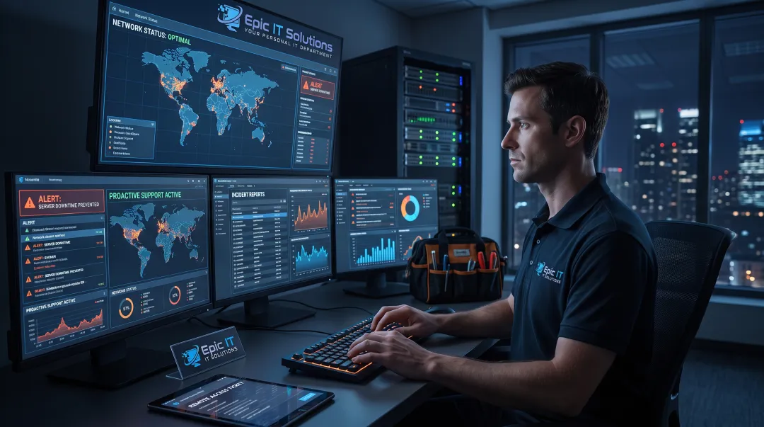 Epic IT Solutions technician monitoring network infrastructure remotely