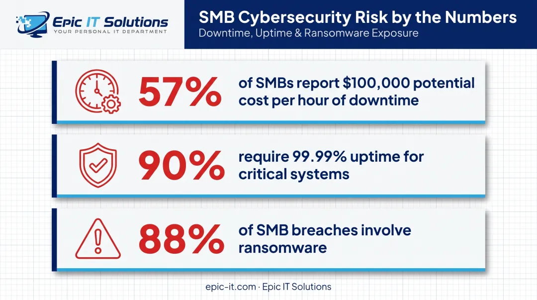 SMB downtime costs and ransomware breach statistics comparison chart