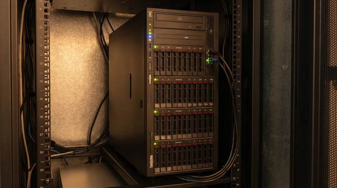 Enterprise tower server rack with high-capacity processors in data closet