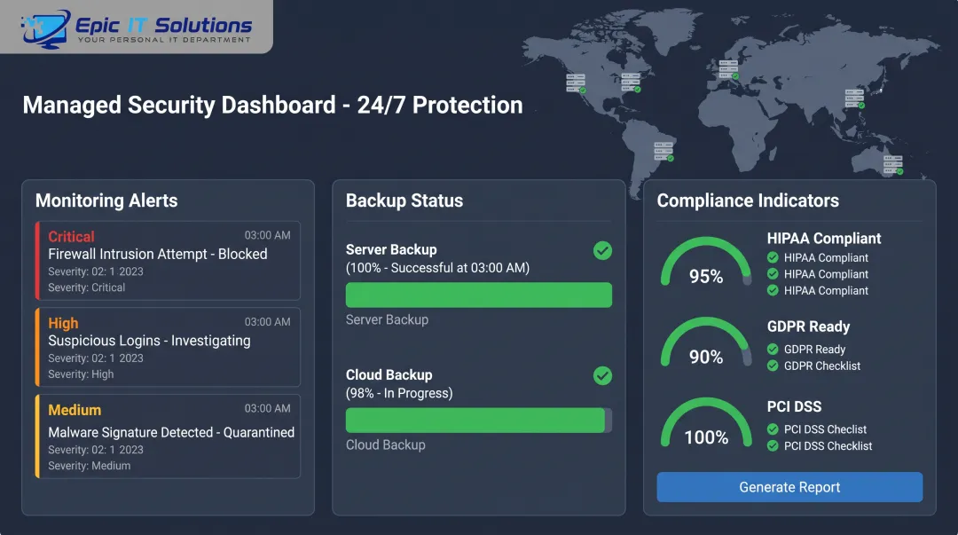 Epic IT Solutions managed security dashboard showing monitoring and compliance tools