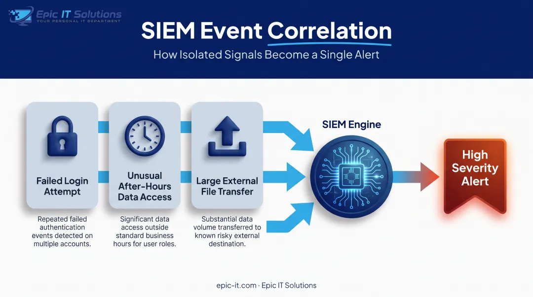 SIEM event correlation process showing three combined security alerts