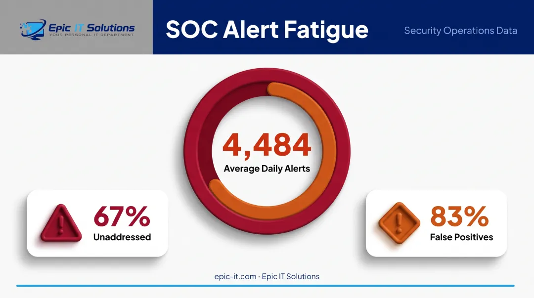SOC alert fatigue statistics showing daily volume and false positive rates