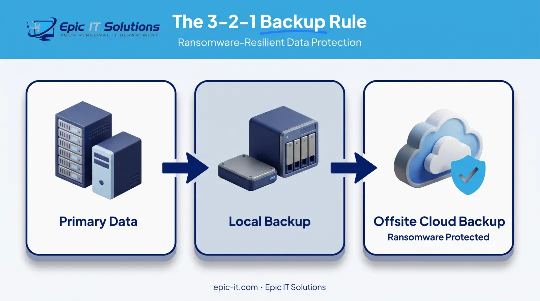 3-2-1 backup rule diagram showing three data copies and offsite storage