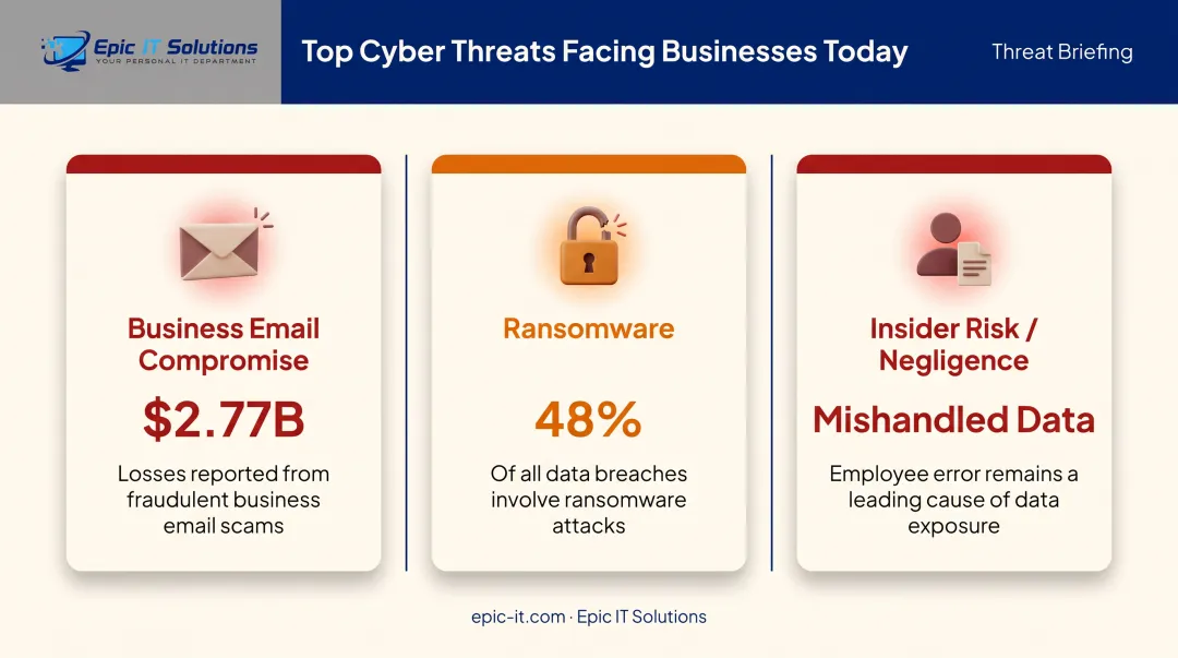 Top three cyberattack types threatening small business employees comparison