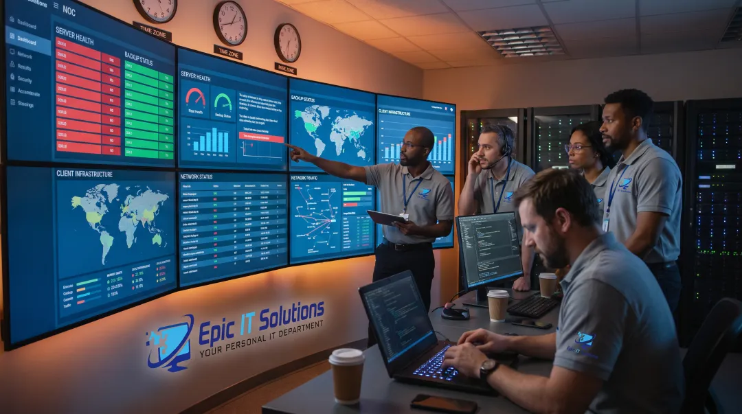 Managed IT team monitoring client servers from network operations center