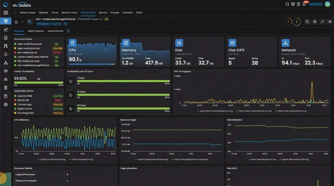 Server monitoring dashboard displaying application and hardware performance metrics