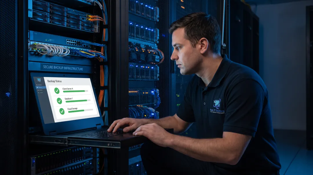 Epic IT Solutions technician managing encrypted backup and disaster recovery systems