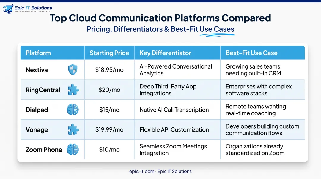 Comparison chart of top cloud communication platforms pricing and features