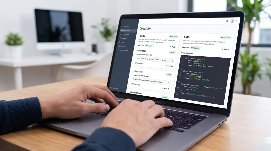 Developer working with CPaaS API dashboard for voice and SMS integration
