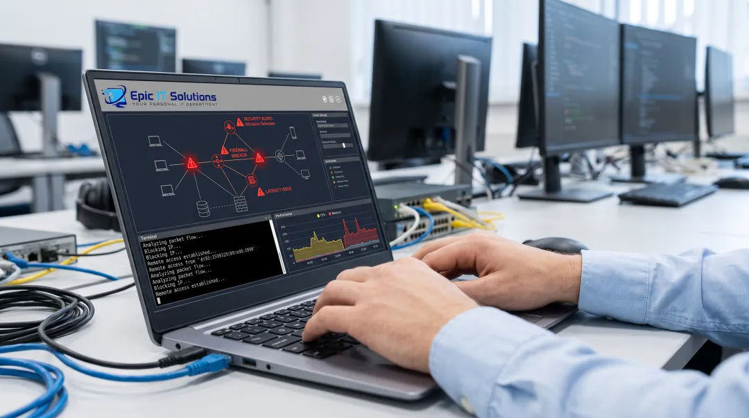IT technician remotely resolving network and security issues on dashboard