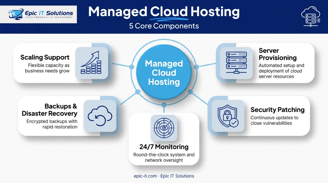 Five core components of managed cloud hosting services diagram