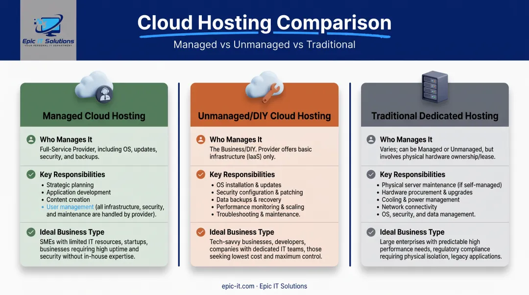 Managed versus unmanaged versus dedicated hosting comparison chart