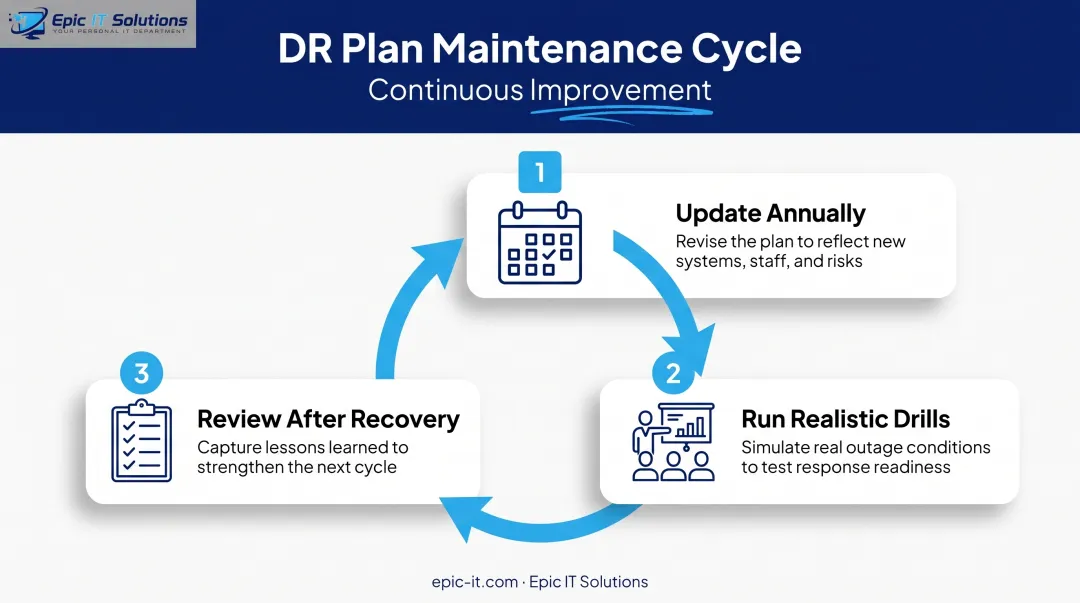 Annual disaster recovery plan testing and update cycle checklist