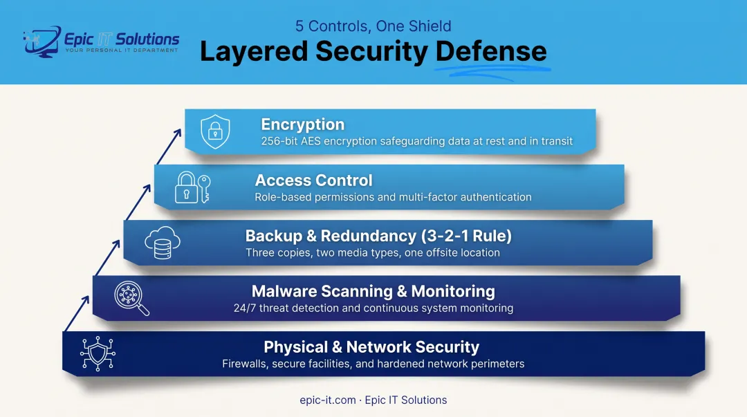 Five layered data security controls encryption access backup monitoring physical
