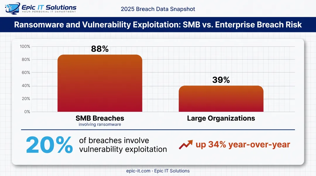 SMB ransomware breach statistics compared to large organizations bar chart