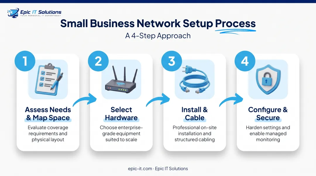 4-step small business network setup process from assessment to security