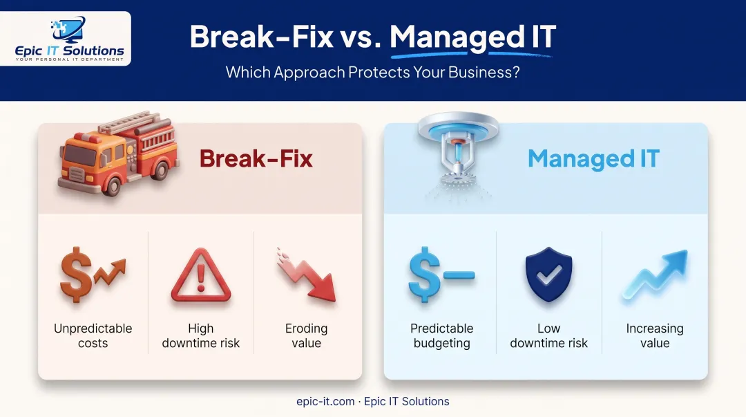 Managed IT versus break-fix cost predictability and downtime risk comparison