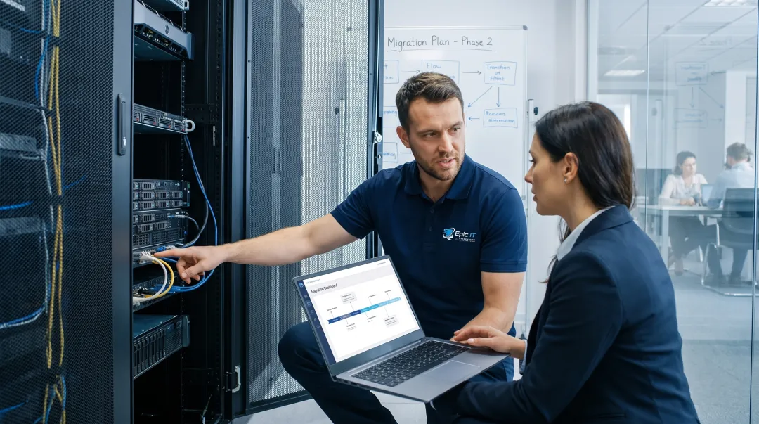 IT support technician assisting business with server migration planning onsite