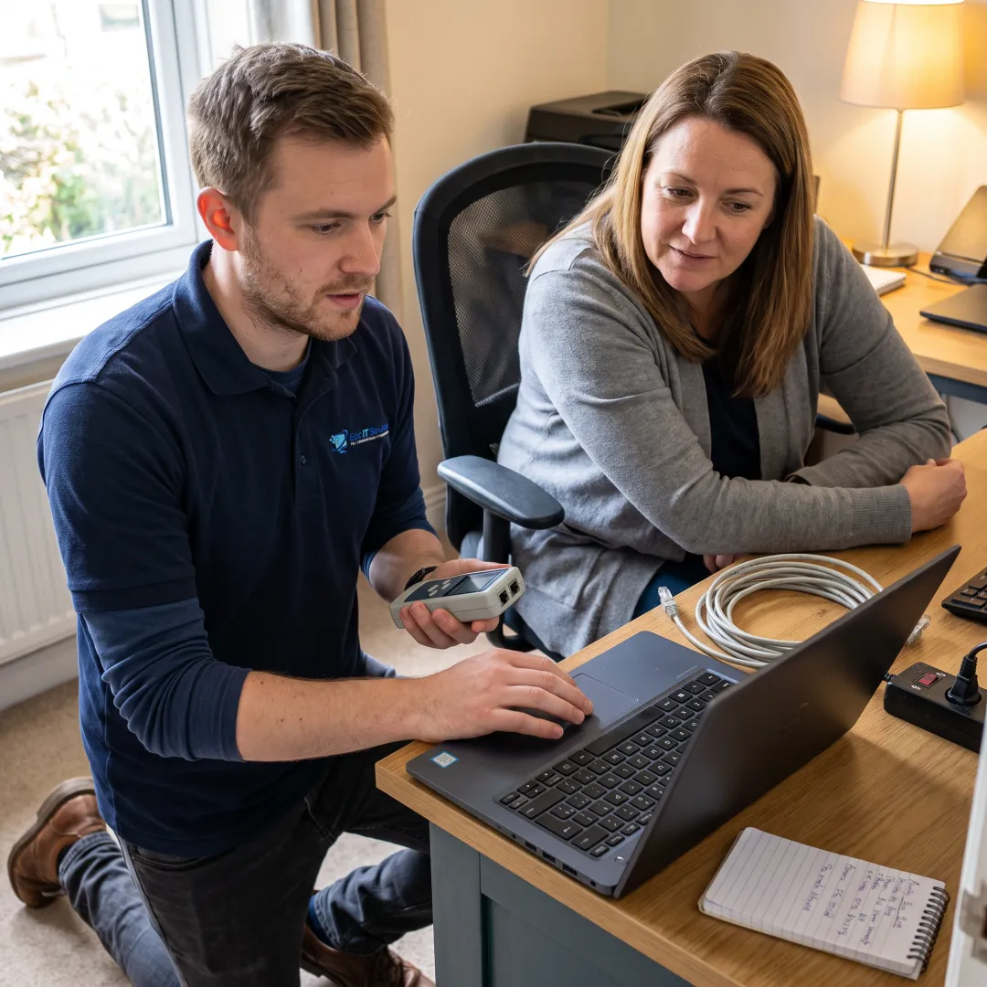 Technician assisting a computer repair customer