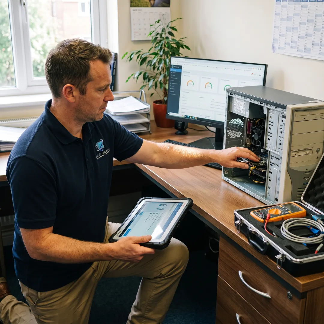 Computer technician troubleshooting a desktop computer on-site