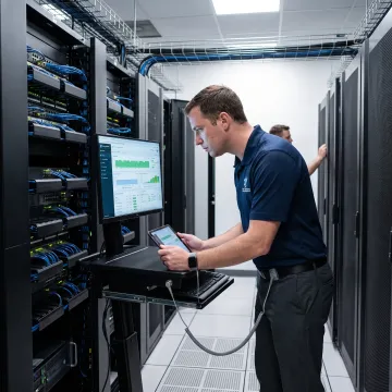 Technician managing dedicated server hardware