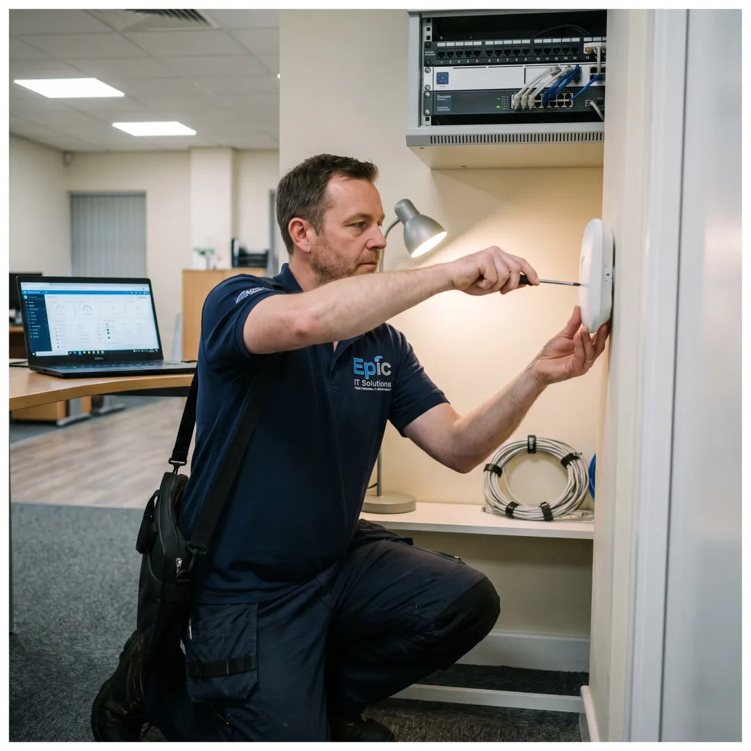 IT technician configuring office wireless network equipment