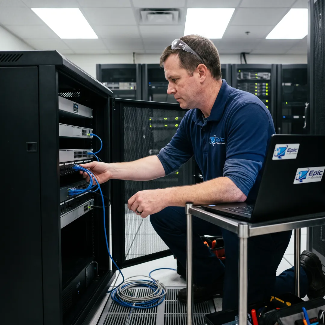 Technician configuring business network equipment