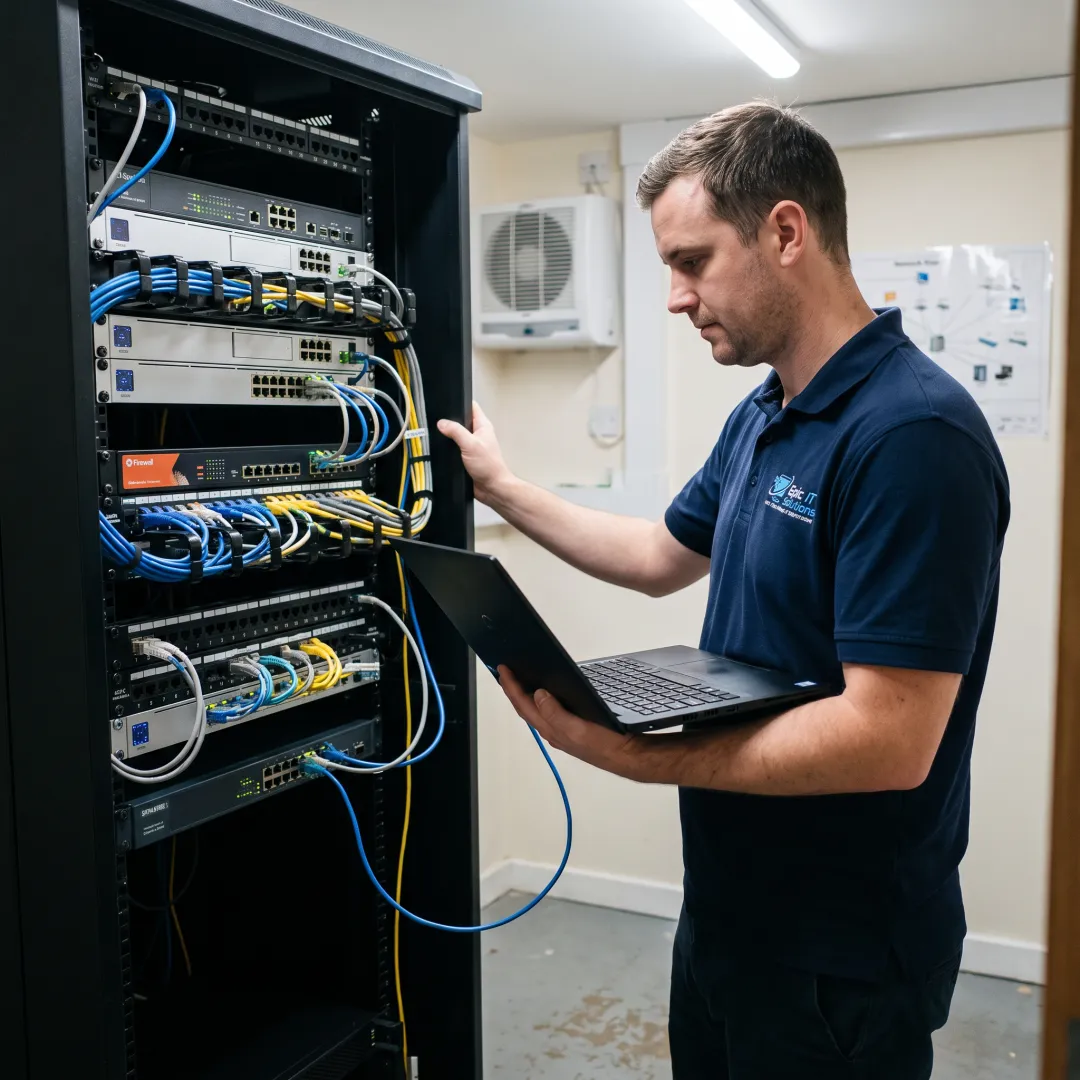 Business network equipment in organized server rack