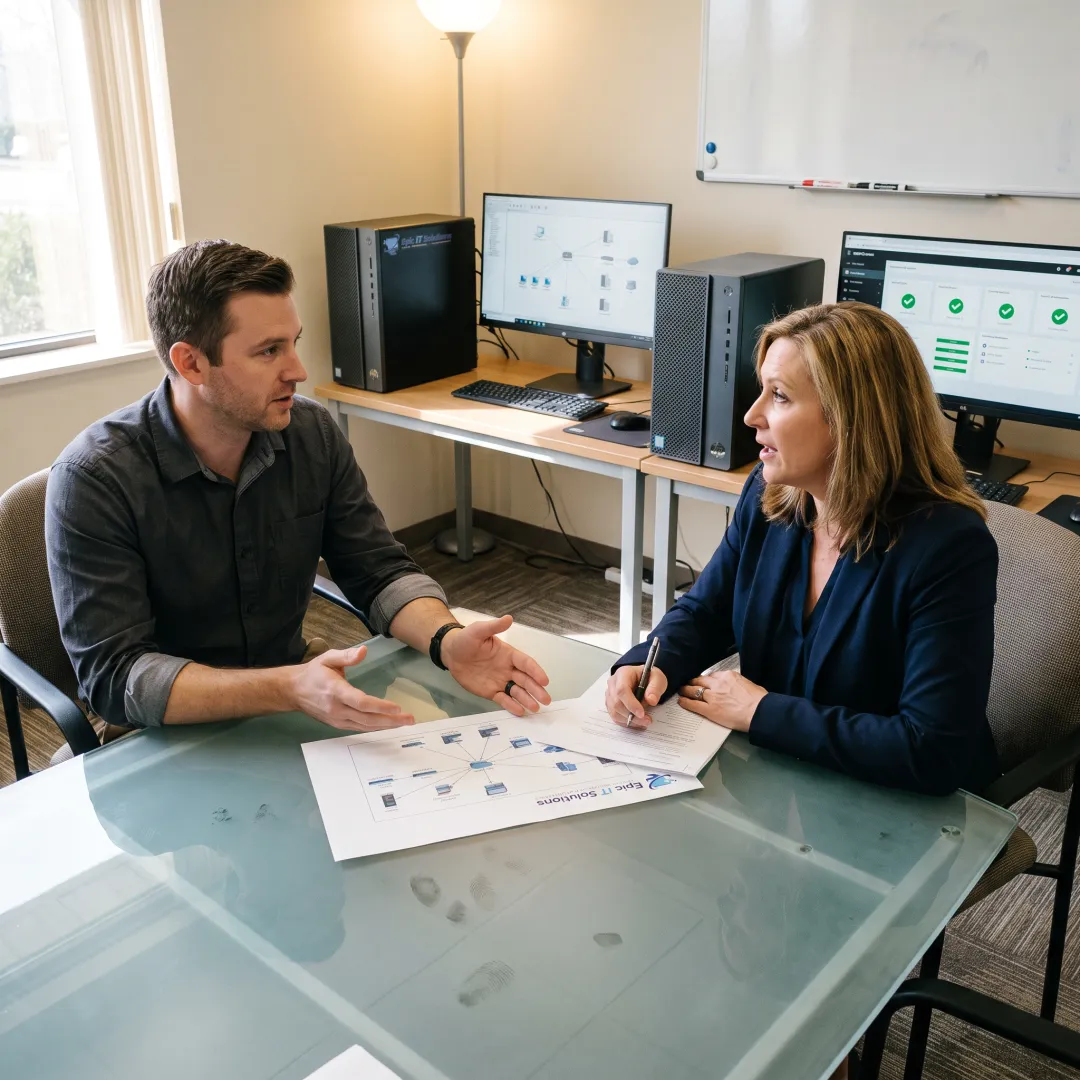 Small business owner discussing IT support