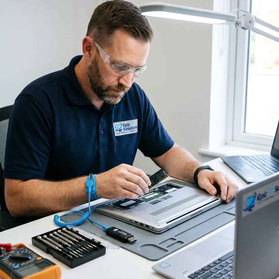 Technician upgrading a laptop computer