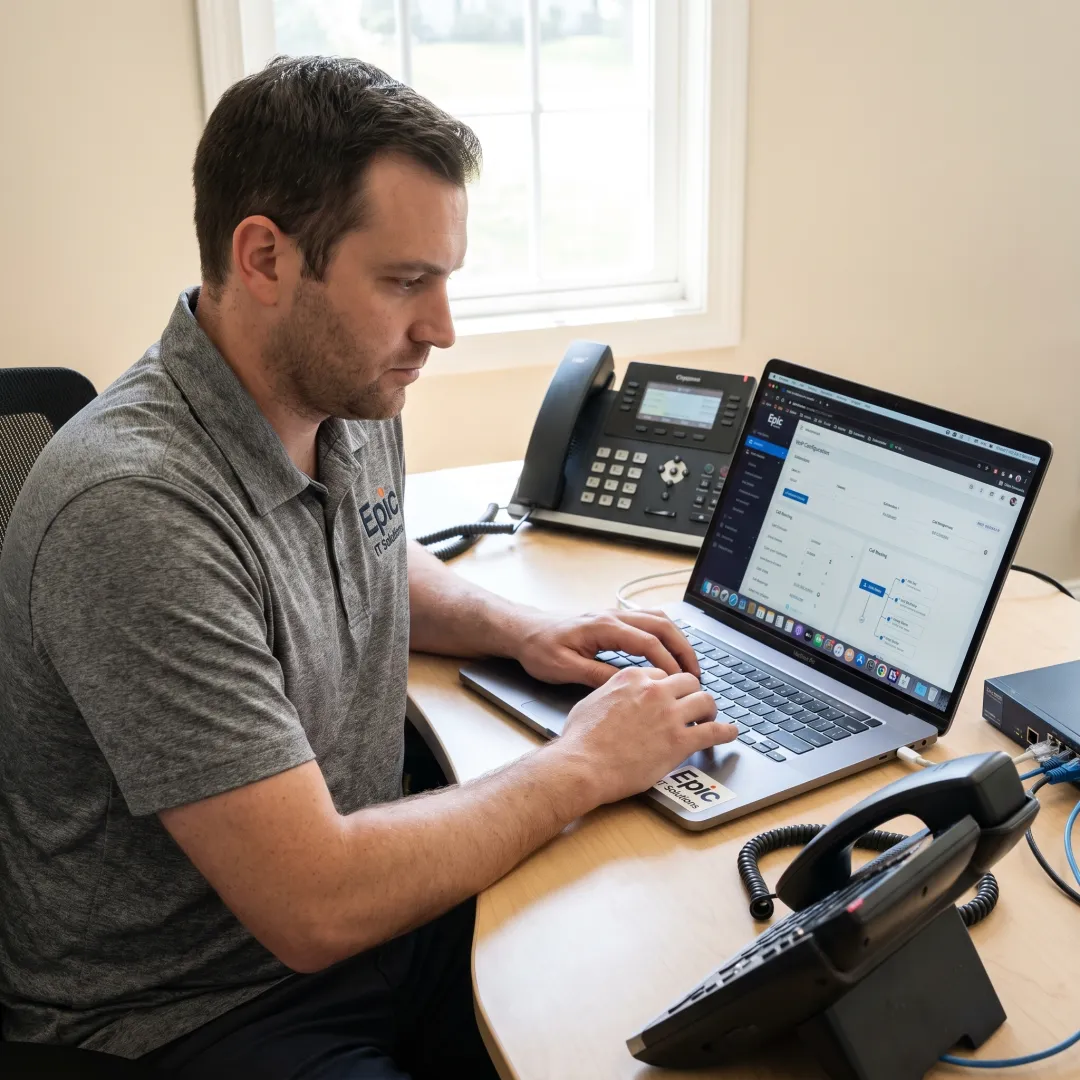 Technician configuring hosted business phone service