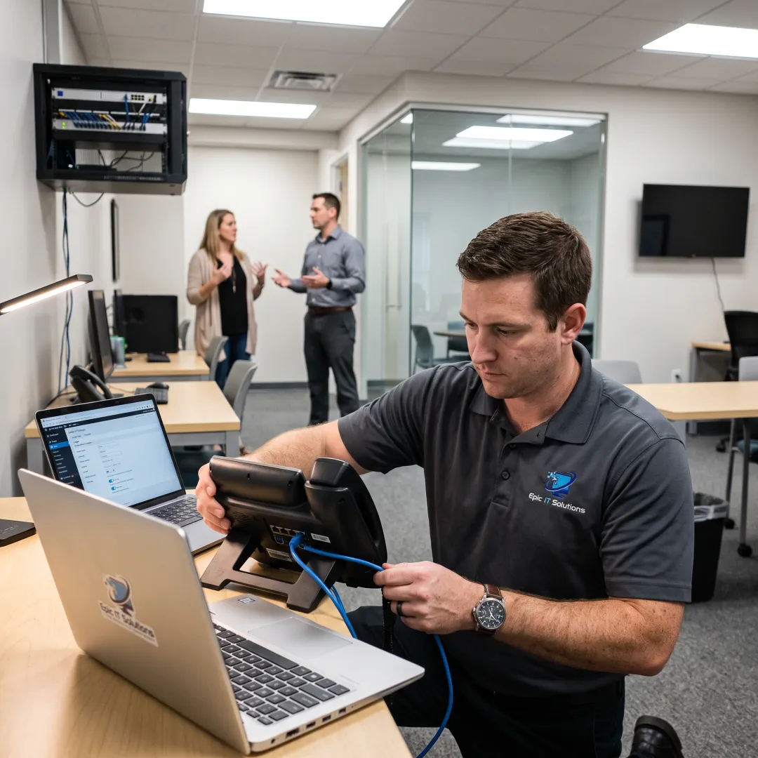 IT specialist configuring a business VoIP phone
