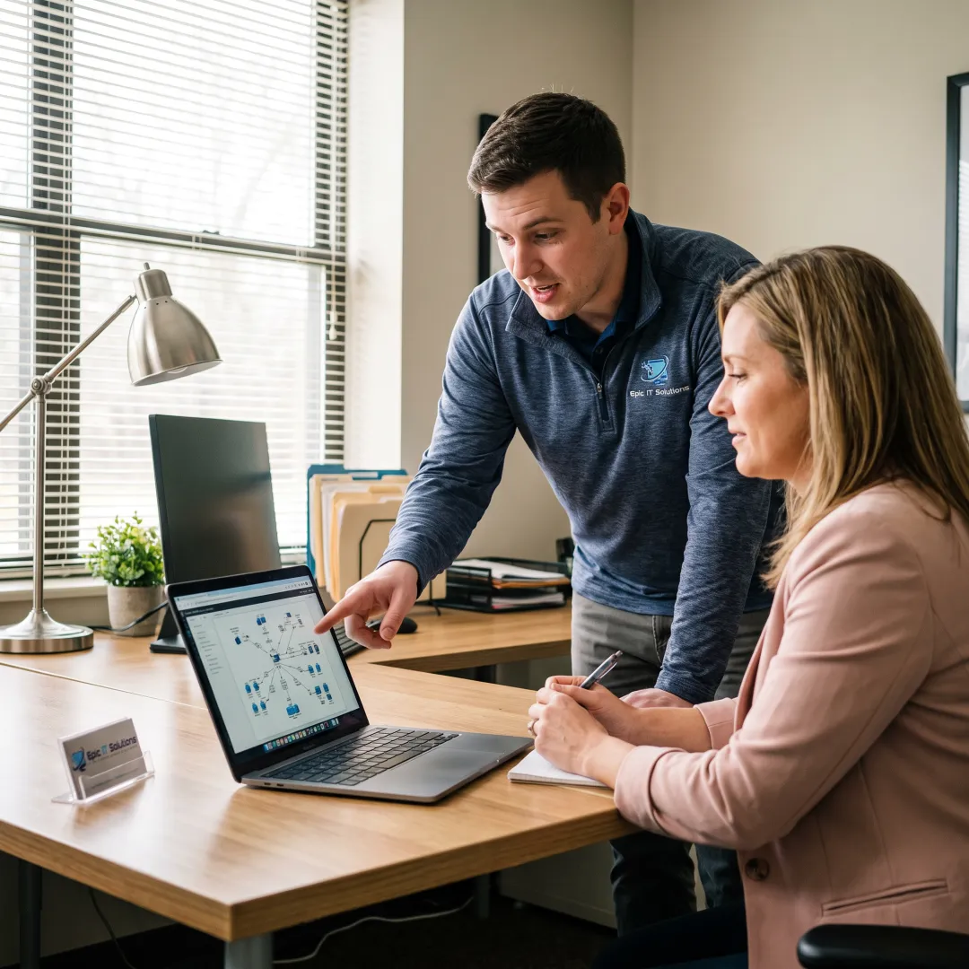Technician assisting a small business with IT