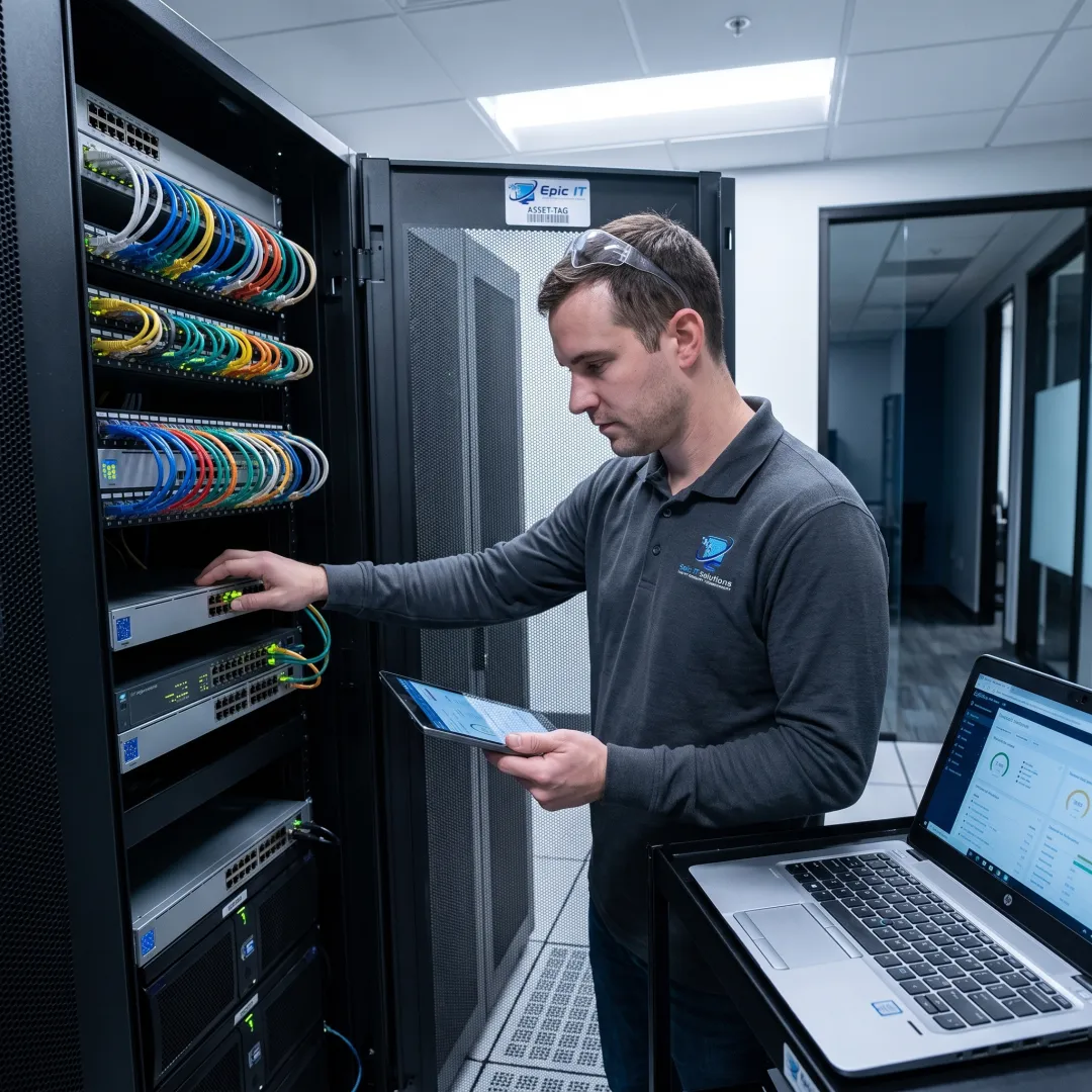 IT professional assessing server and network equipment